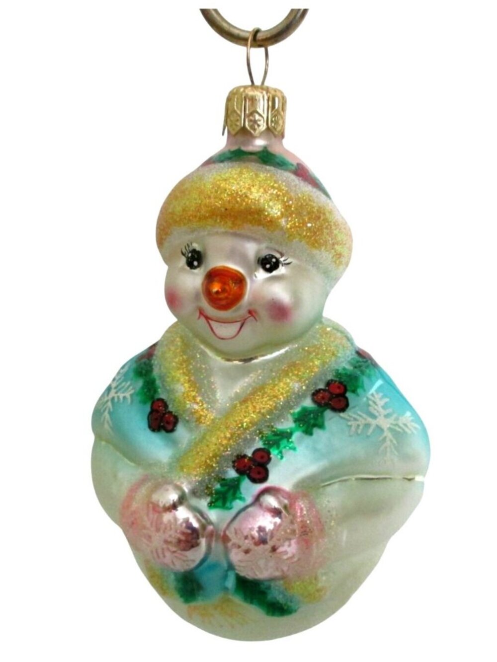 Vintage Radko Snowman Glass Ornament With Glitter Accents 4.5 Inches Tall